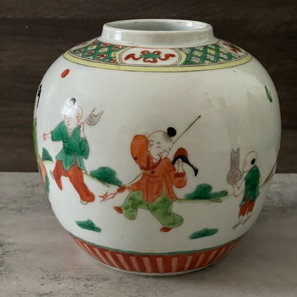 Antique 19th c. Chinese Famille Verte Hand Painted Ginger Open Jar Qing Dynasty - Picture 2 of 7